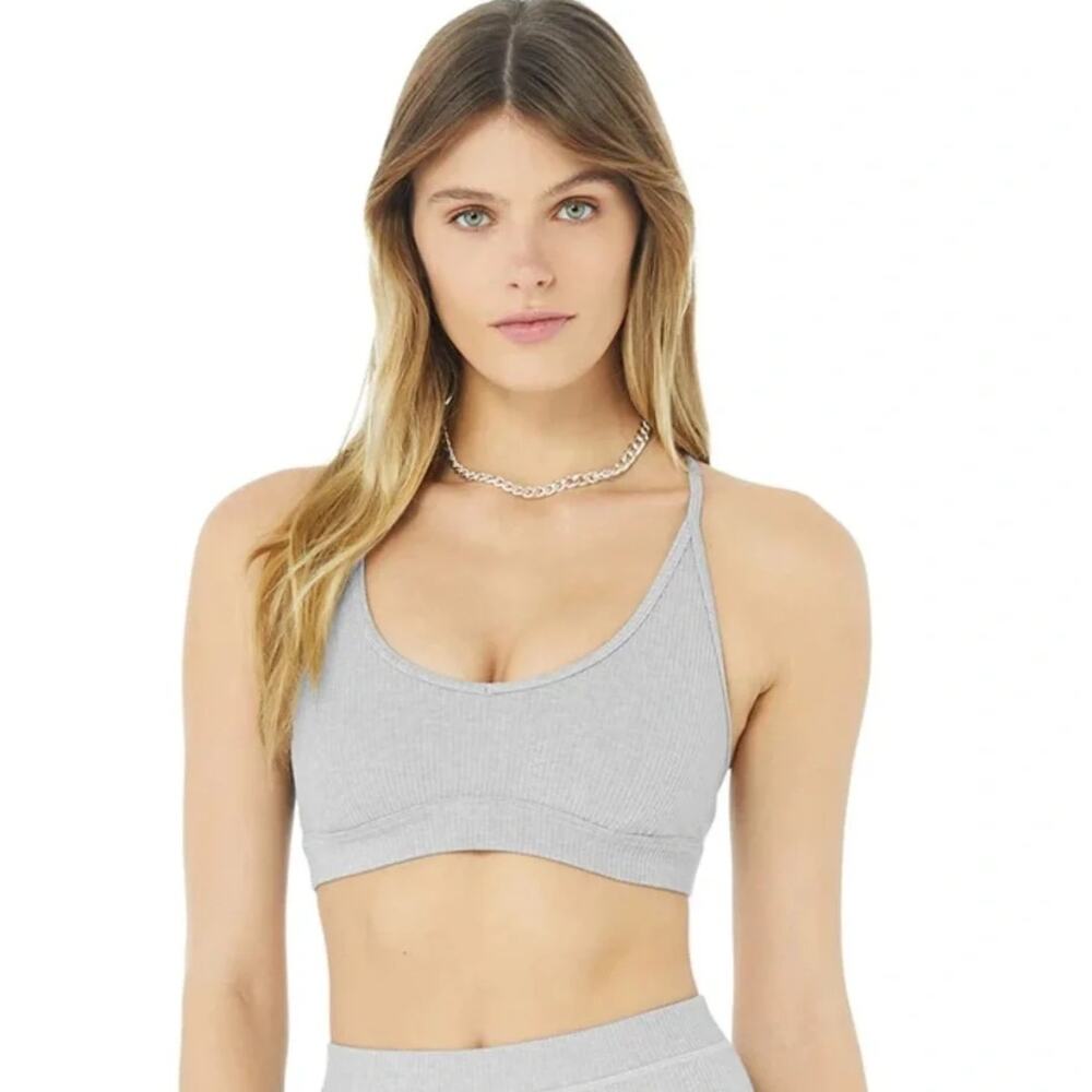 NWT Alo Yoga Ribbed Blissful Sports Bra Dove Grey Heather Sports Gym Size XS